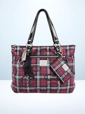 Coach Poppy Tartan Plaid Glam Tote + Cardholder (Red/Blue) 18713